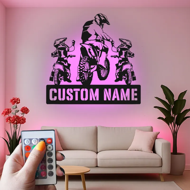 Insegna in metallo personalizzata Motocross Family con LED per appassionati di moto da cross, regalo per garage o man cave