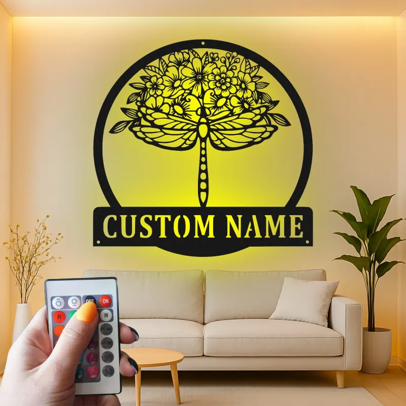 Décoration murale en métal personnalisée Libellule avec Design Floral et Rétroéclairage LED Cadeau pour Amoureux de la Nature Décor de Jardin