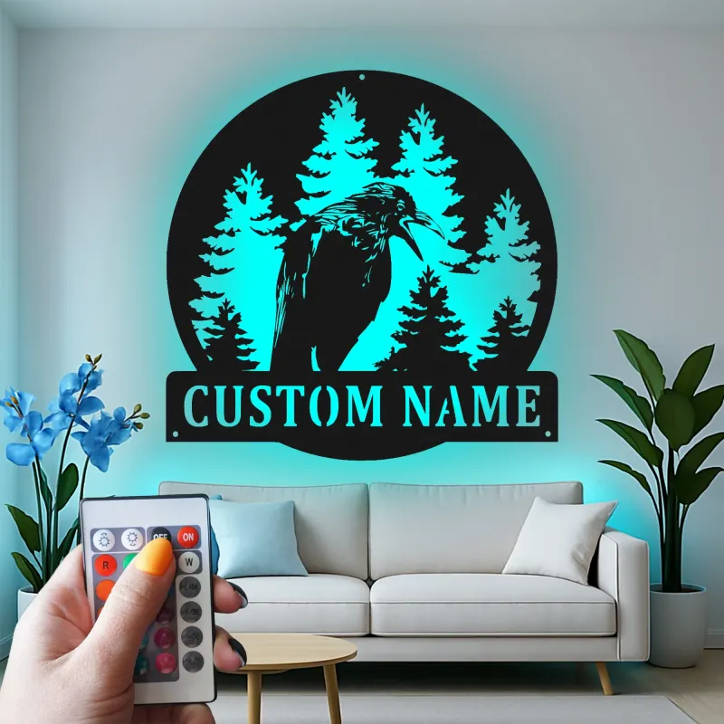 Décoration murale en métal personnalisée avec forêt de corbeaux et rétroéclairage LED, cadeau pour les amoureux de la nature, décoration rustique pour cabane