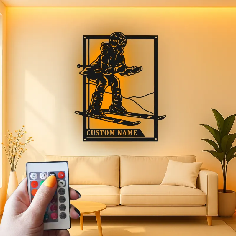 Custom Alpine Skier LED Metal Wall Art | Personalized Ski Decor | Winter Sports Gift | Modern Cabin Sign
