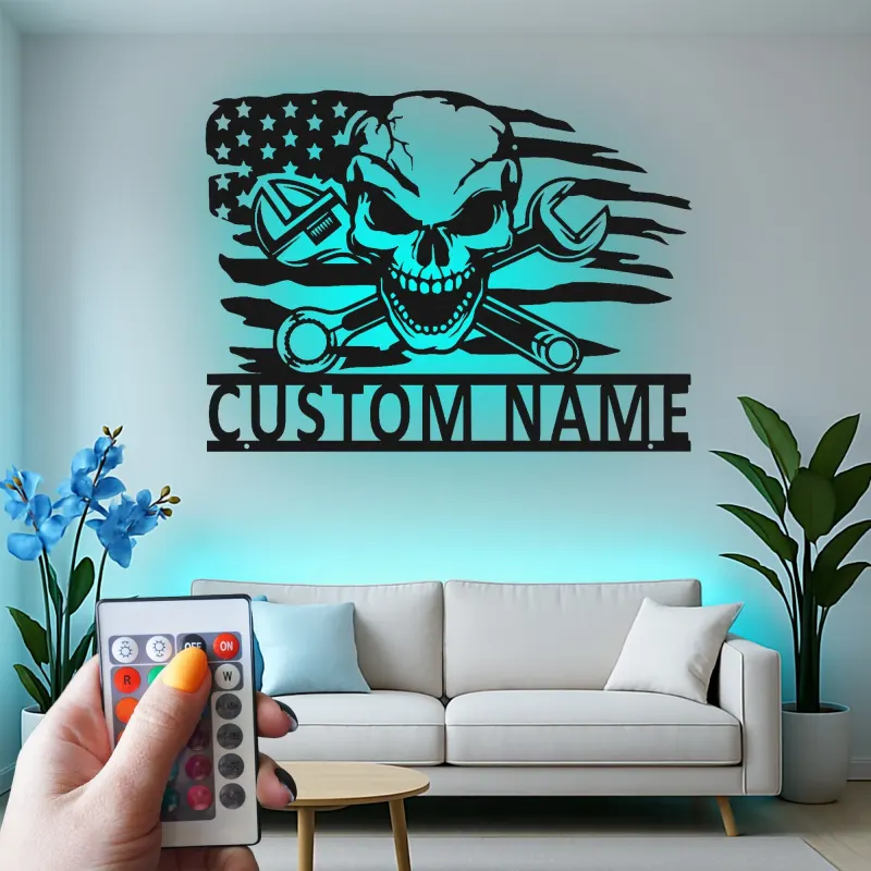 Panneau de garage mécanicien personnalisé | Art mural en métal crâne avec LED | Décor de cave à vin avec drapeau américain | Cadeau pour lui