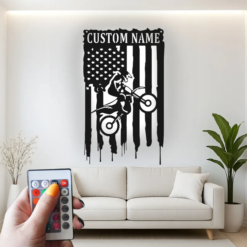 Personalized Motocross LED Sign | Custom Dirt Bike Metal Wall Art | American Flag Rider Gift for Man Cave & Garage Decor