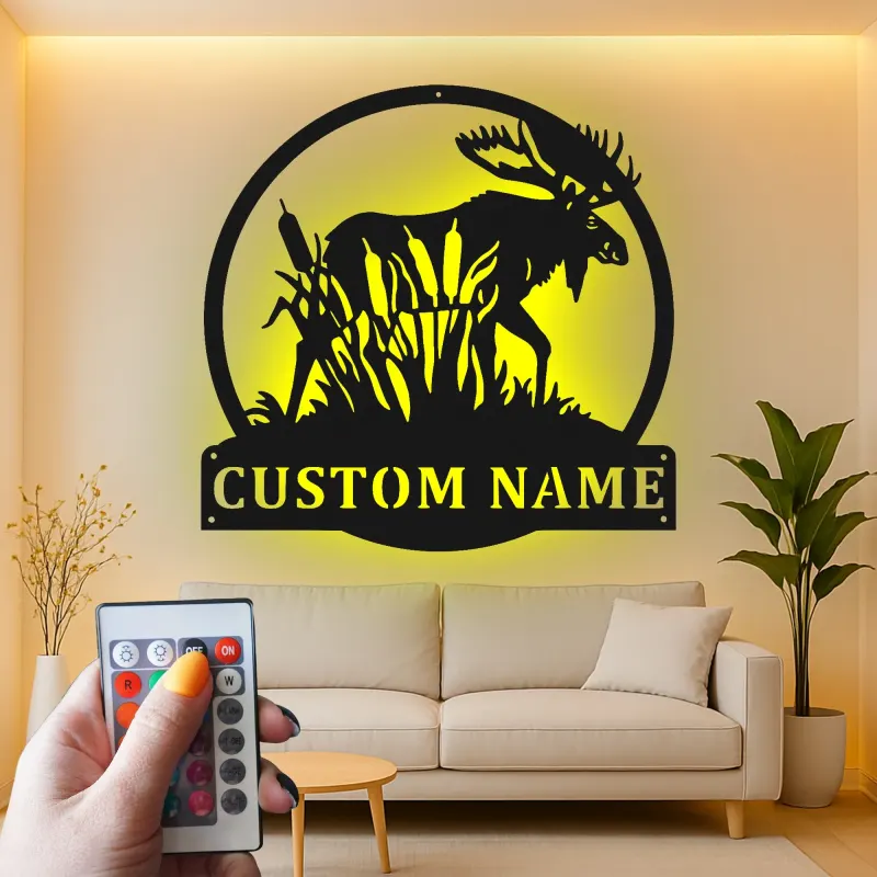 Insegna in metallo LED personalizzata con alce - Regalo per amanti della natura e decorazione per cabine