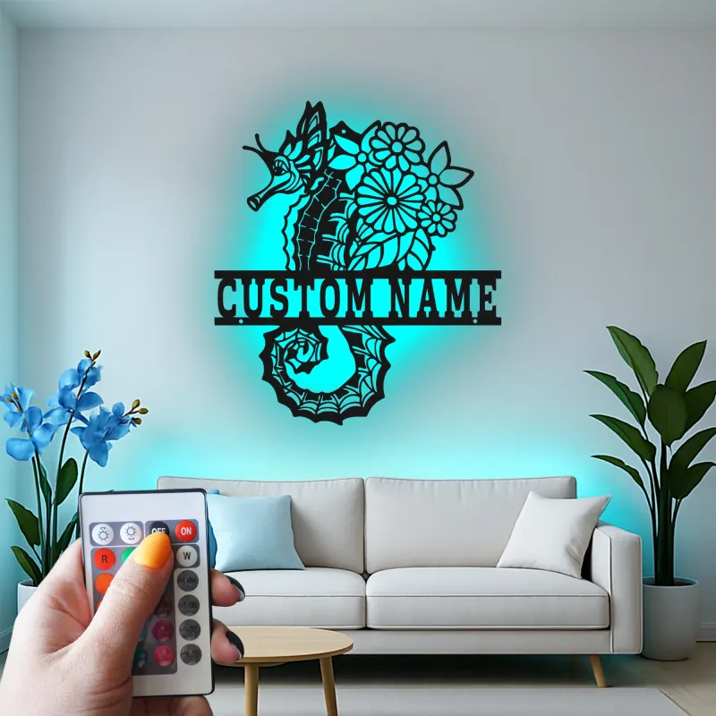 Insegna LED con cavalluccio marino | Insegna in metallo personalizzata con fiori | Decorazione nautica per casa al mare e beach house | Regalo per chi ama l'oceano