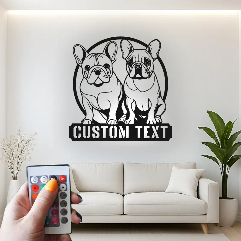 Cartel LED de bulldog francés | Decoración mural de metal personalizada | Regalo para amantes de los perros | Placa con nombre para la pared
