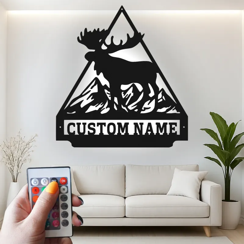 Custom Moose Mountain Led Light Metal Wall Art Personalized Cabin Gift Rustic Lodge Decor