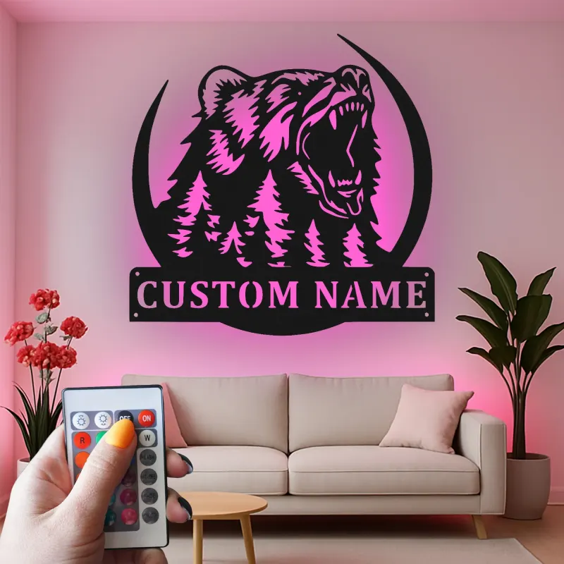Cartel de metal LED de bosque de osos personalizado Regalo para entusiastas del aire libre Decoración de cabaña o lodge