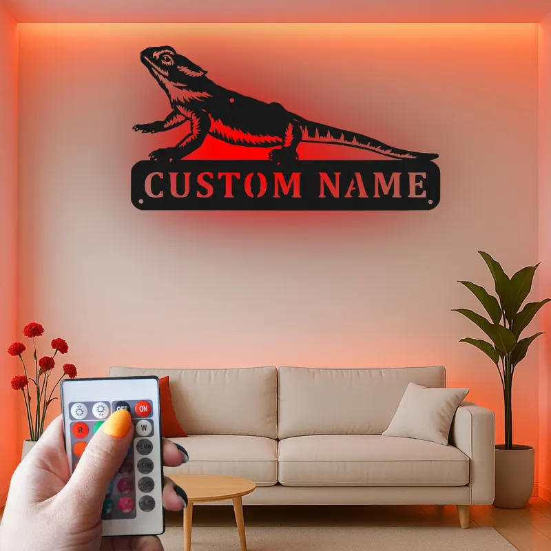 Insegna in metallo personalizzata con drago barbuto e luce LED regalo per amanti degli animali decorazione per stanza rettile