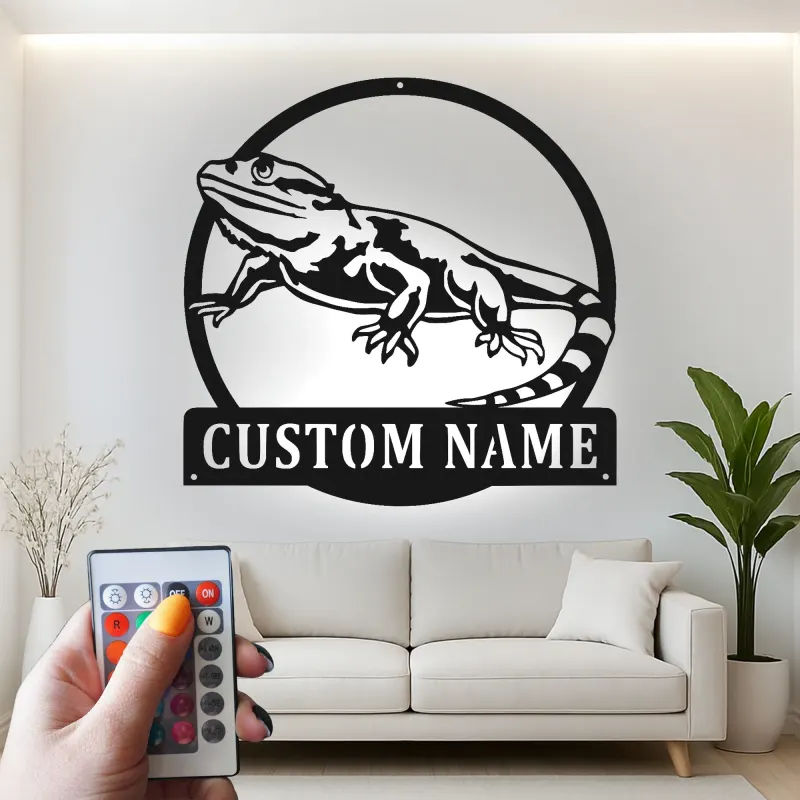 Cartel de metal personalizado con luz LED de dragón barbudo Regalo para amantes de reptiles Decoración de dormitorio o salón 3