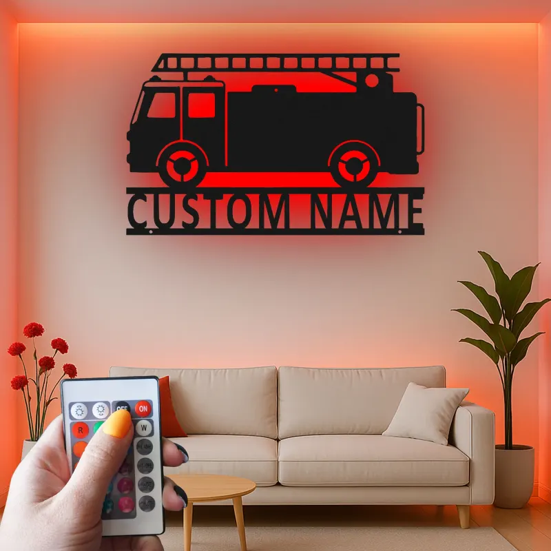 Personalized Fire Truck Metal Sign | LED Light Wall Art | Custom Firefighter Gift | Fire Station Decor