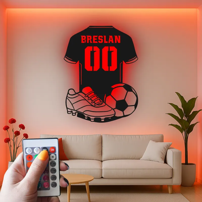 Insegna LED a forma di maglia di calcio personalizzata | Arte murale in metallo per camera di giocatore | Regalo per tifosi di calcio con nome e numero