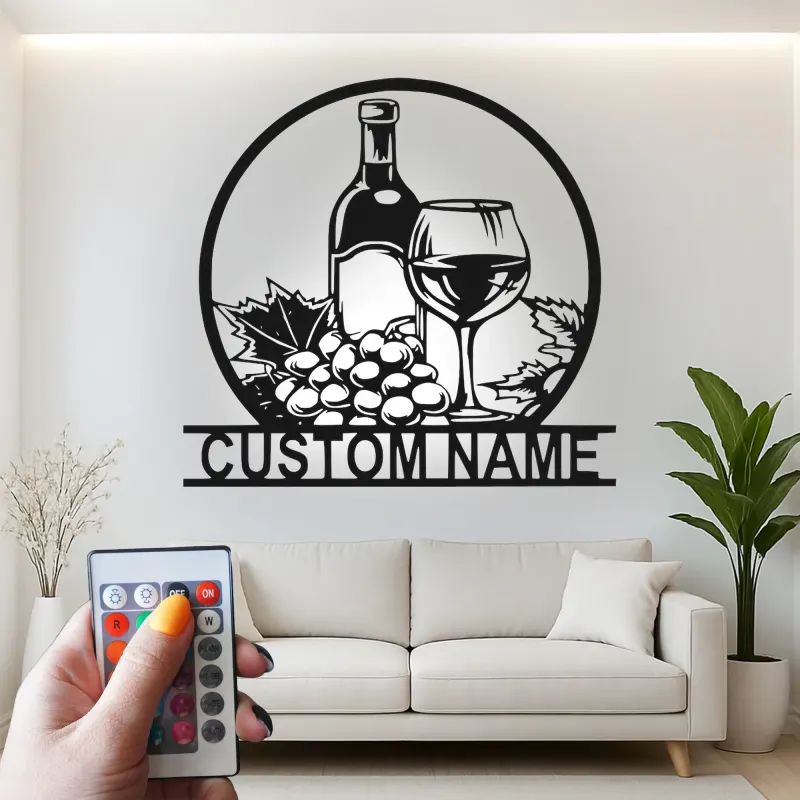 Custom Wine Bottle and Glass Led Light Metal Wall Art Personalized Wine Lover Gift Kitchen or Bar Decor