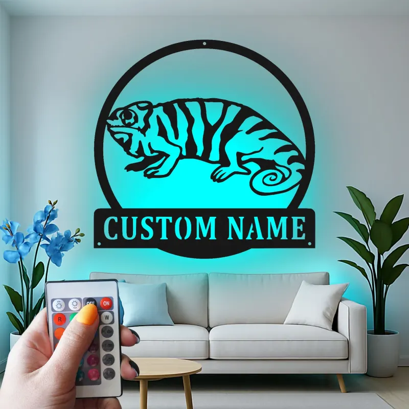 Décoration murale en métal personnalisée avec éclairage LED Chameleon pour les amoureux des reptiles - Cadeau unique pour la chambre
