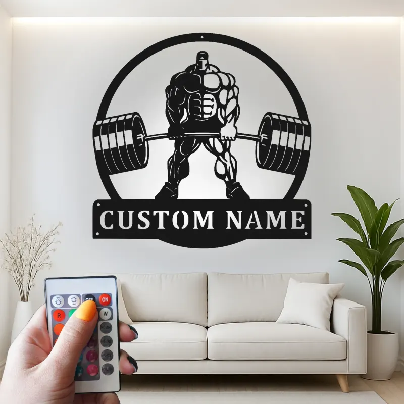 Insegna in metallo personalizzata con luce LED Bodybuilder Weightlifting regalo per appassionati di palestra decorazione per palestra