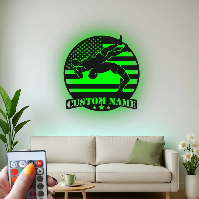 Décoration murale en métal personnalisée avec éclairage LED pour la lutte - Cadeau personnalisé pour lutteurs