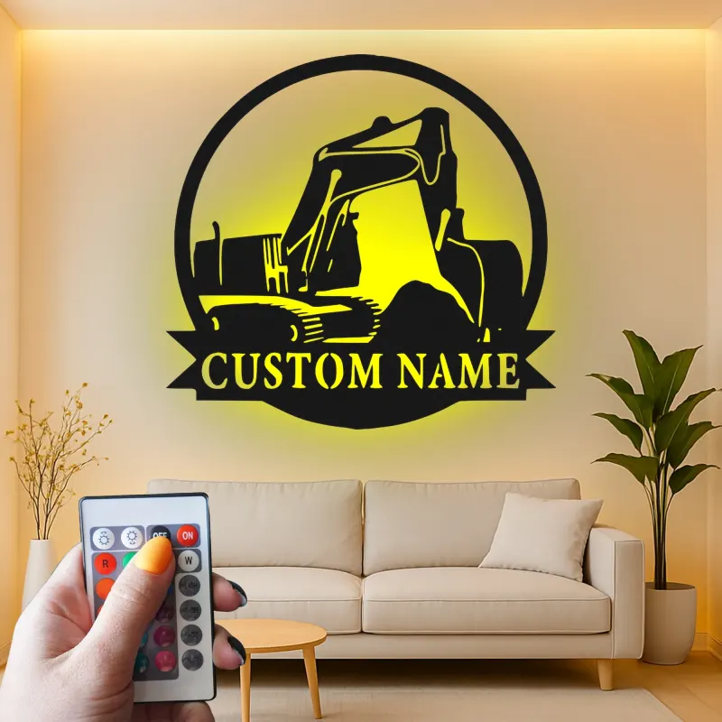 Décoration murale en métal personnalisée avec rétroéclairage pour excavateur - Cadeau de construction pour lui - Décor de garage ou d'atelier 1