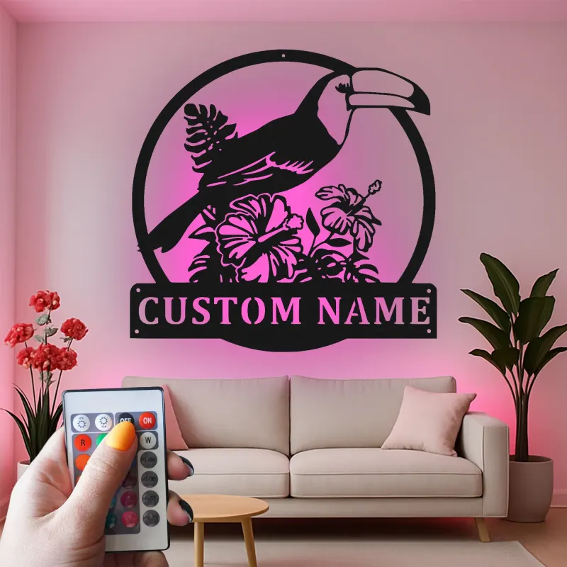 Custom Toucan Metal Sign | Personalized LED Wall Art with Hibiscus | Tropical Patio & Nursery Decor | Exotic Bird Lover Gift