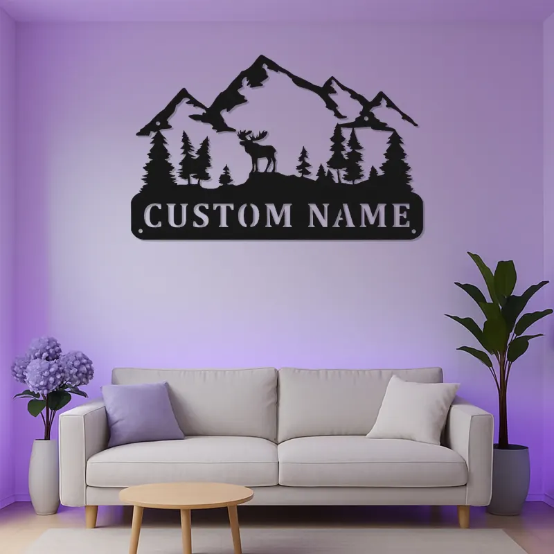 Cartel de metal con alce personalizado con LED | Decoración mural de montaña personalizada | Decoración rústica para cabaña y regalo para amantes del aire libre