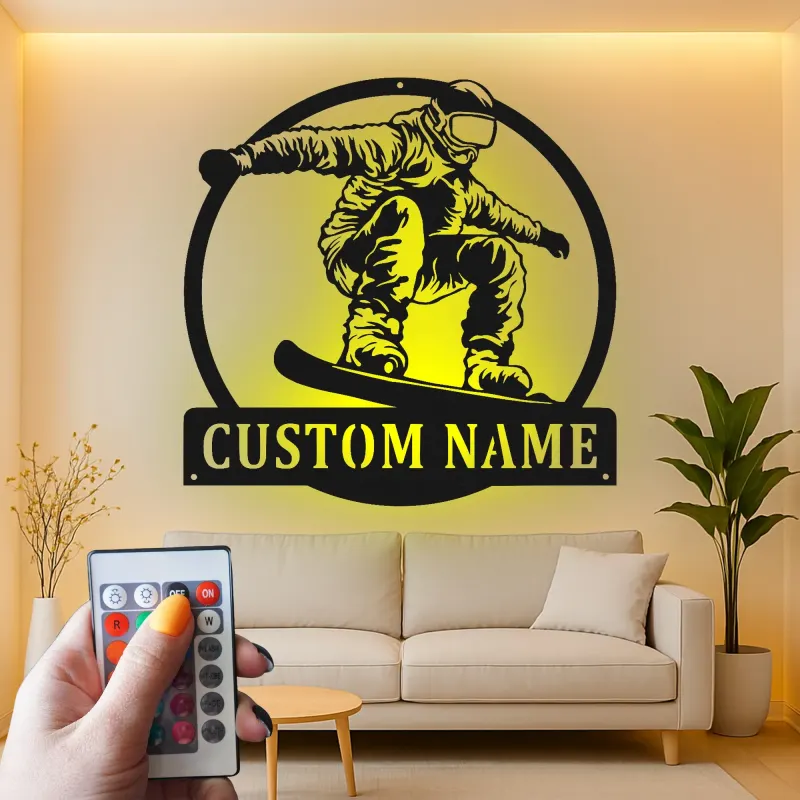 Insegna LED personalizzata per snowboarder | Targhetta in metallo personalizzata | Arte murale retroilluminata per camera adolescente e man cave