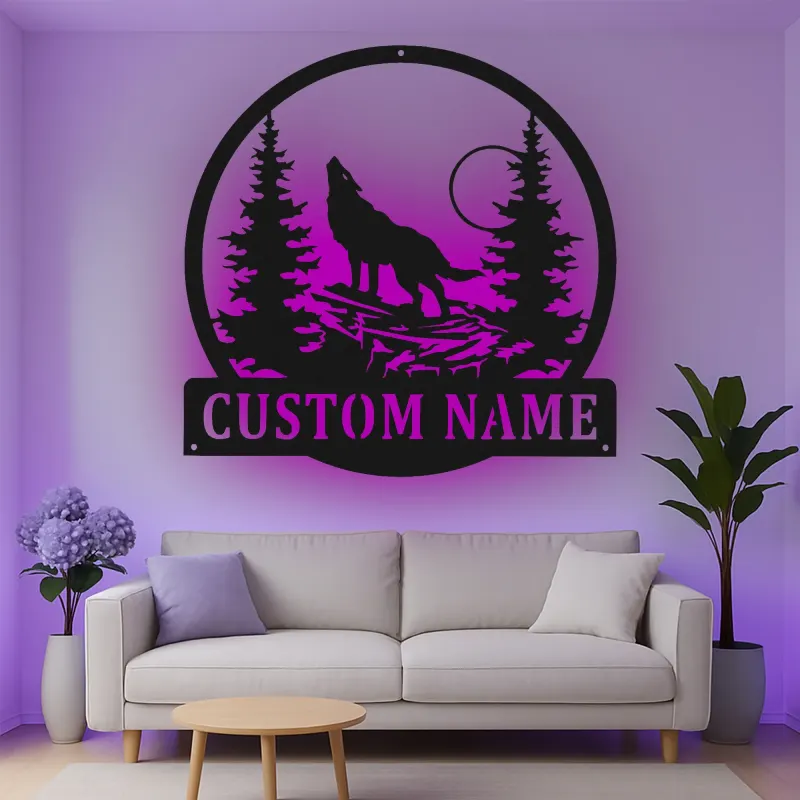 Custom Wolf Howling Led Light Metal Wall Art Personalized Nature Lover Gift Rustic Cabin Decor 2