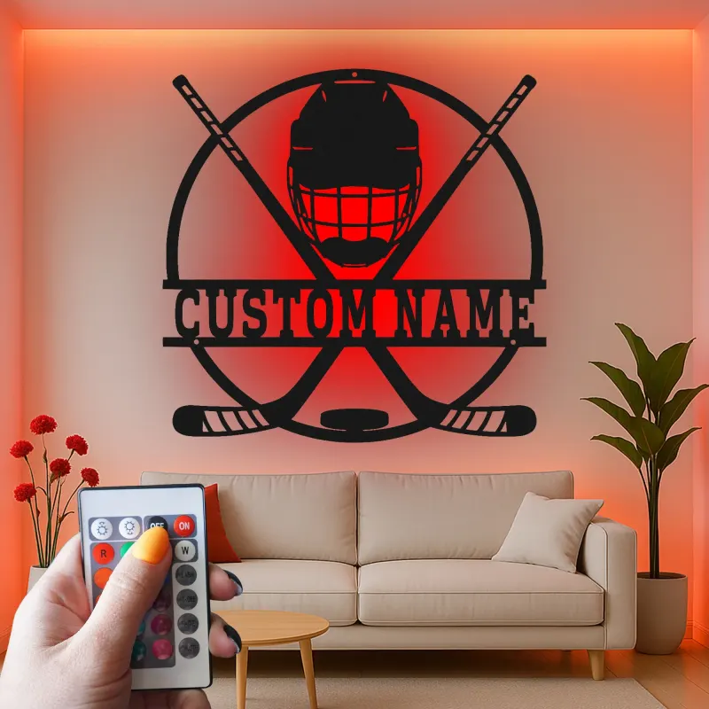 Cartel LED personalizado de jugador de hockey | Decoración mural de metal personalizada | Regalo deportivo para habitación infantil y cueva masculina