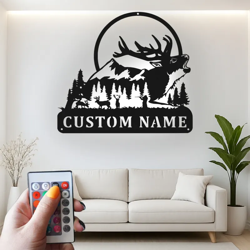 Décoration murale en métal personnalisée pour la chasse au cerf avec rétroéclairage LED, cadeau personnalisé pour les chasseurs, décoration de cabane rustique 3
