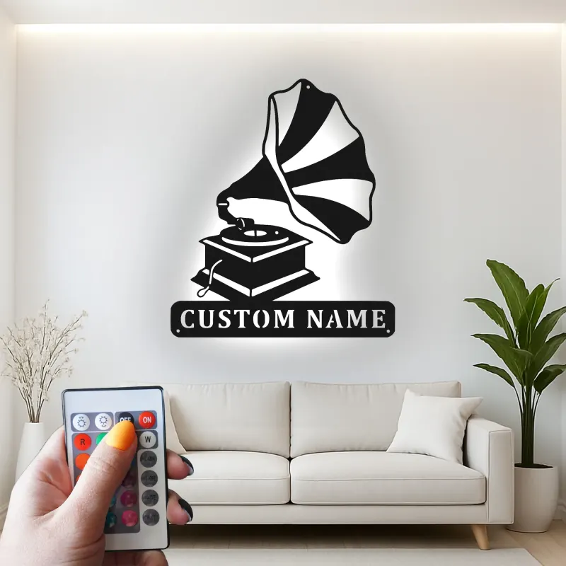 Arte Murale in Metallo LED con Gramofono | Regalo Personalizzato per Amante della Musica | Insegna con Nome Personalizzato per Decorazione Retro di Casa e Studio