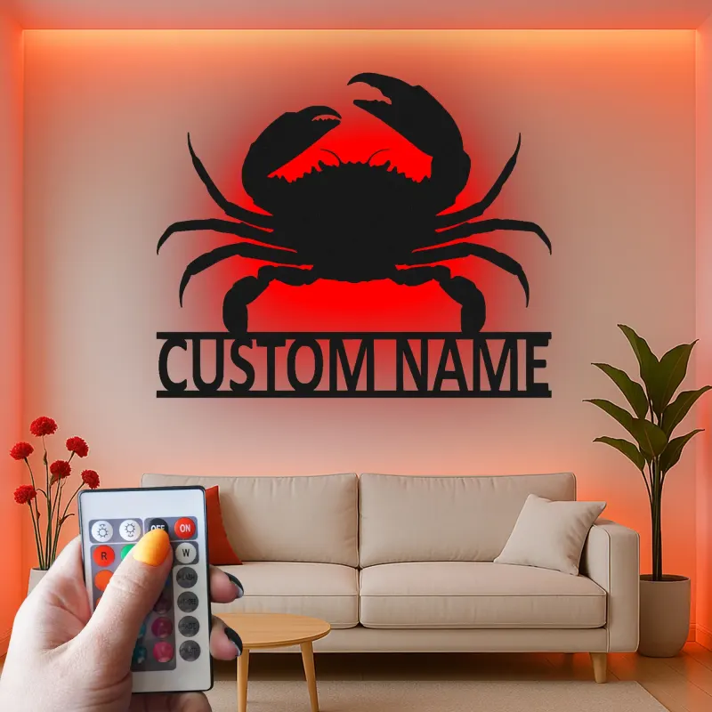 Cartel de metal personalizado de cangrejo con luz LED, regalo costero, decoración de casa de playa para amantes del océano