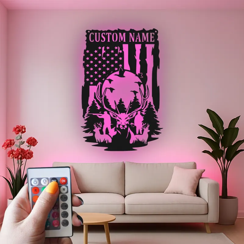 Décoration murale en métal personnalisée pour chasseurs de cerfs avec rétroéclairage LED - Cadeau personnalisé pour chasseurs - Décor de cabane rustique