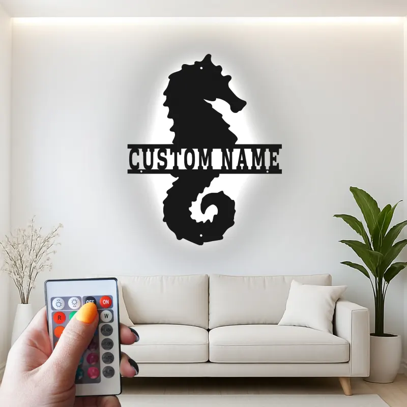 Insegna in metallo personalizzata con cavalluccio marino | Arte murale retroilluminata LED | Decorazione nautica personalizzata per casa al mare | Regalo per amanti dell'oceano
