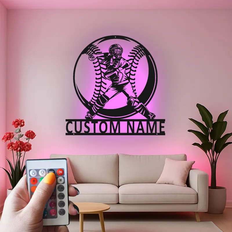 Insegna in metallo personalizzata per giocatore di softball con luce LED regalo per atleti decorazione per sala giochi sportiva