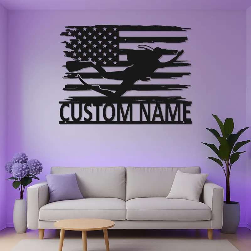 Arte Mural de Metal de Buceador Personalizado | Cartel LED de Bandera Americana | Regalo de Nombre Personalizado para Buceador | Decoración Patriótica para Hogar y Oficina