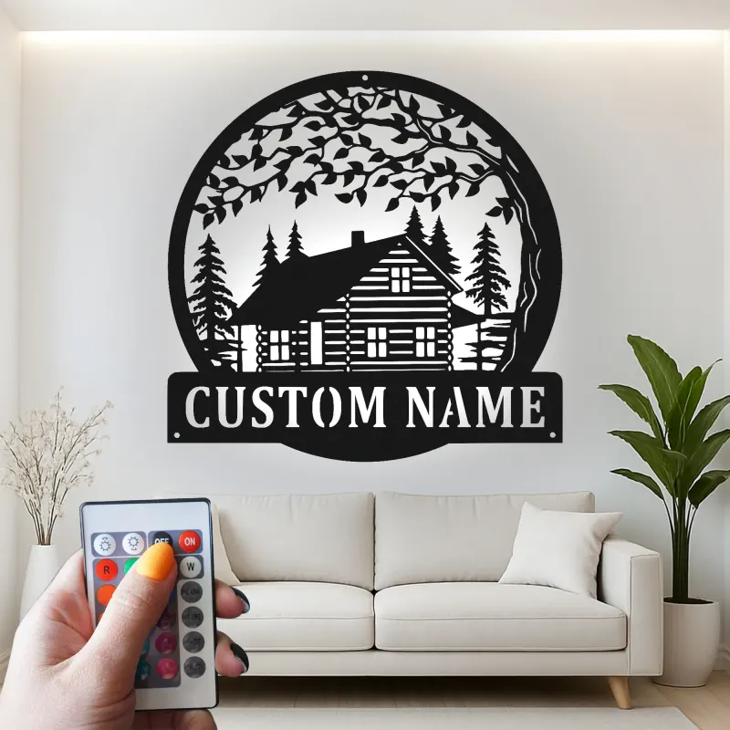 Cartel de metal personalizado con cabaña de troncos y luz LED, regalo de inauguración personalizado, decoración rústica para amantes de cabañas