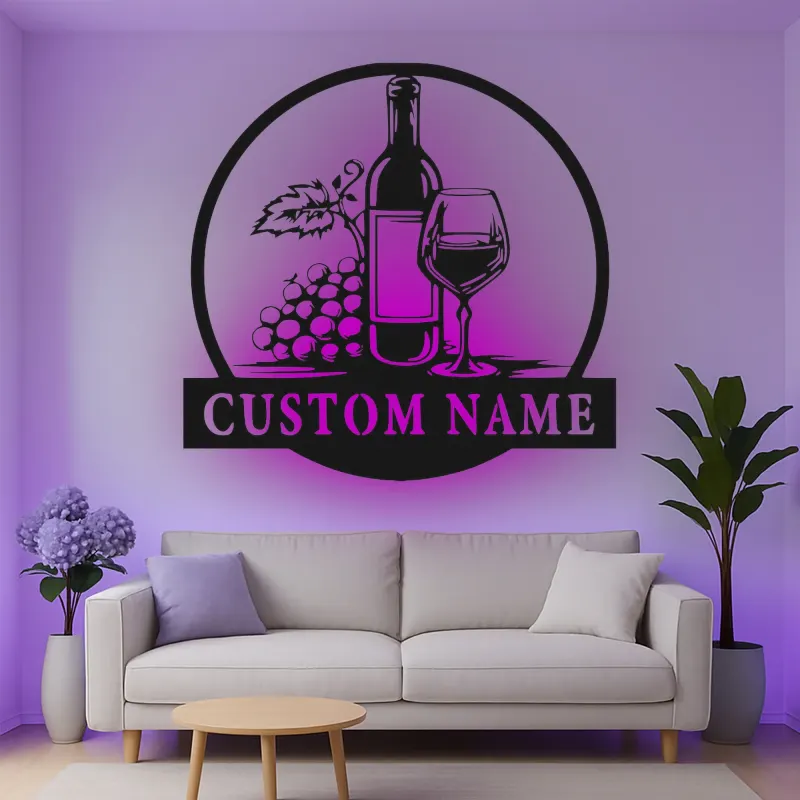 Insegna in metallo personalizzata per bottiglia di vino e bicchiere con luce LED - Regalo personalizzato per amanti del vino, decorazione per cucina o bar 1