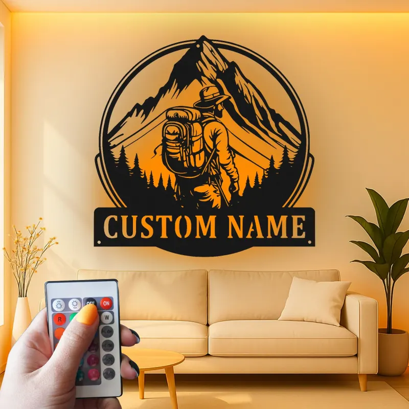 Custom Hiker Metal Wall Art | Personalized LED Light Sign for Mountain Decor | Outdoor Adventure Gift for Nature Lovers