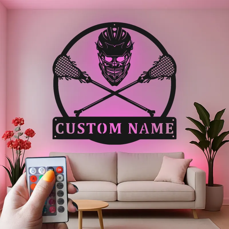 Panneau Métal de Gardien de Lacrosse Personnalisé | Art Murale LED avec Nom Personnalisé | Décor de Chambre d'Athlète & Cadeau Sportif
