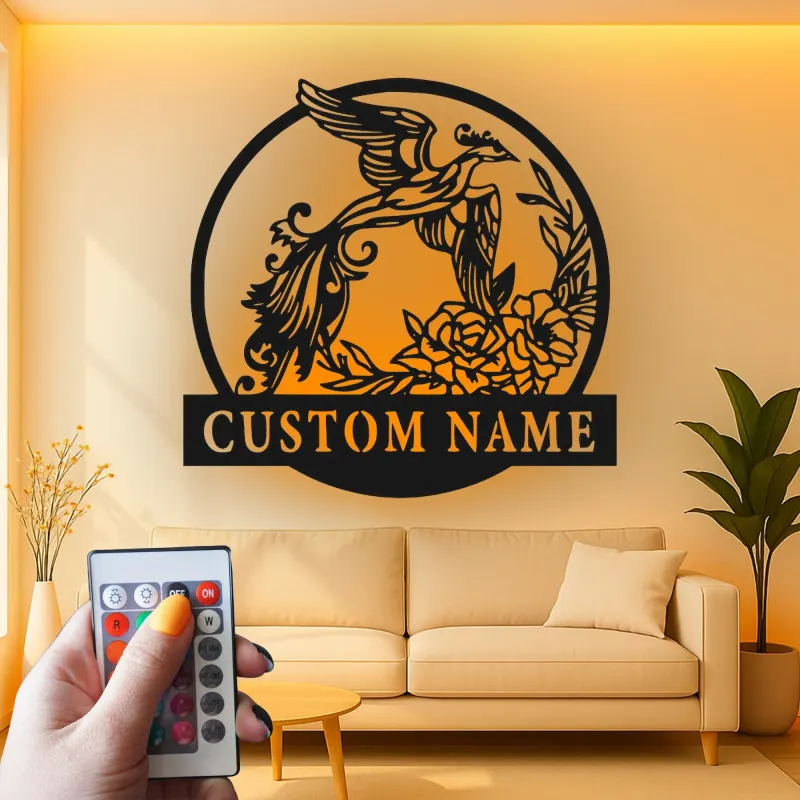 Cartel de Fénix Personalizado | Arte Mural de Metal con LED | Logo de Negocio Personalizado y Decoración Floral para el Hogar