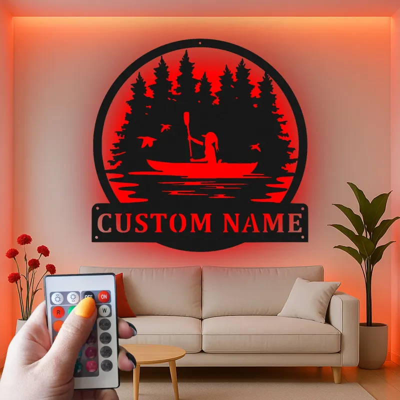Insegna in metallo personalizzata per kayakista | Insegna LED con scena lacustre personalizzata | Regalo per amanti dell'outdoor | Decorazione per cabin e case al lago