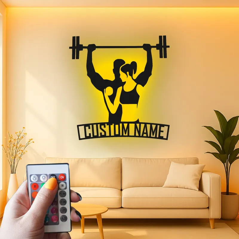 Panneau en métal personnalisé pour couple sportif | Décor LED personnalisé pour salle de sport à la maison | Décoration murale fitness, cadeau pour couple