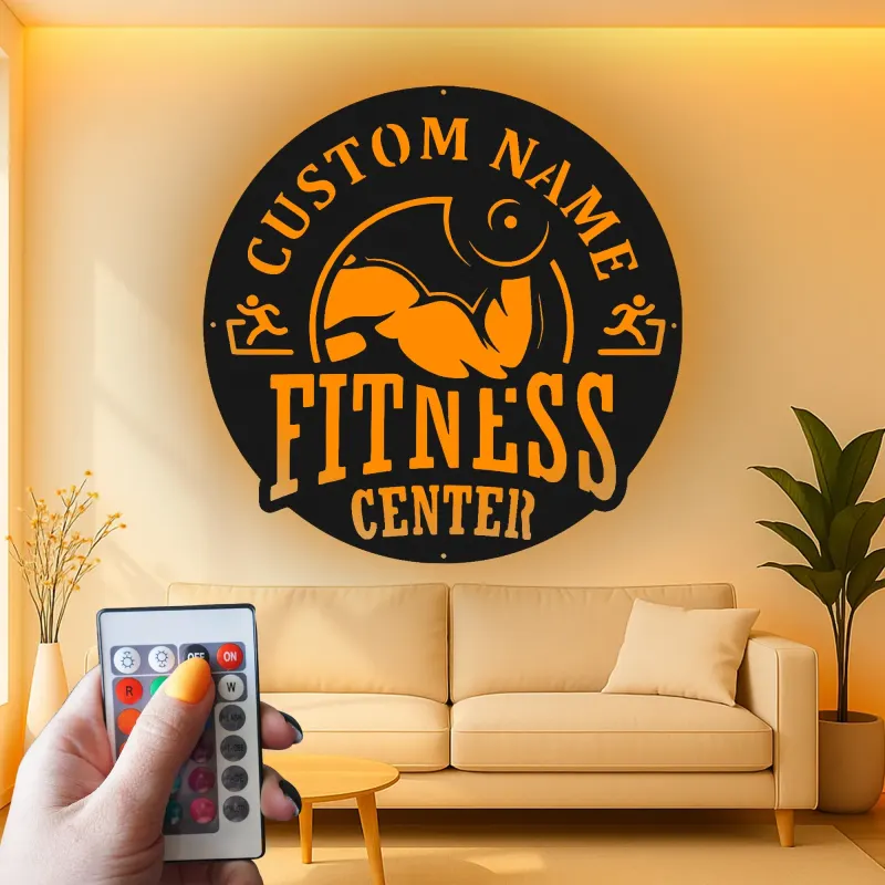 Panneau de salle de sport personnalisé | Décoration murale LED en métal pour centre de fitness | Cadeau de décor sur mesure pour propriétaire de salle