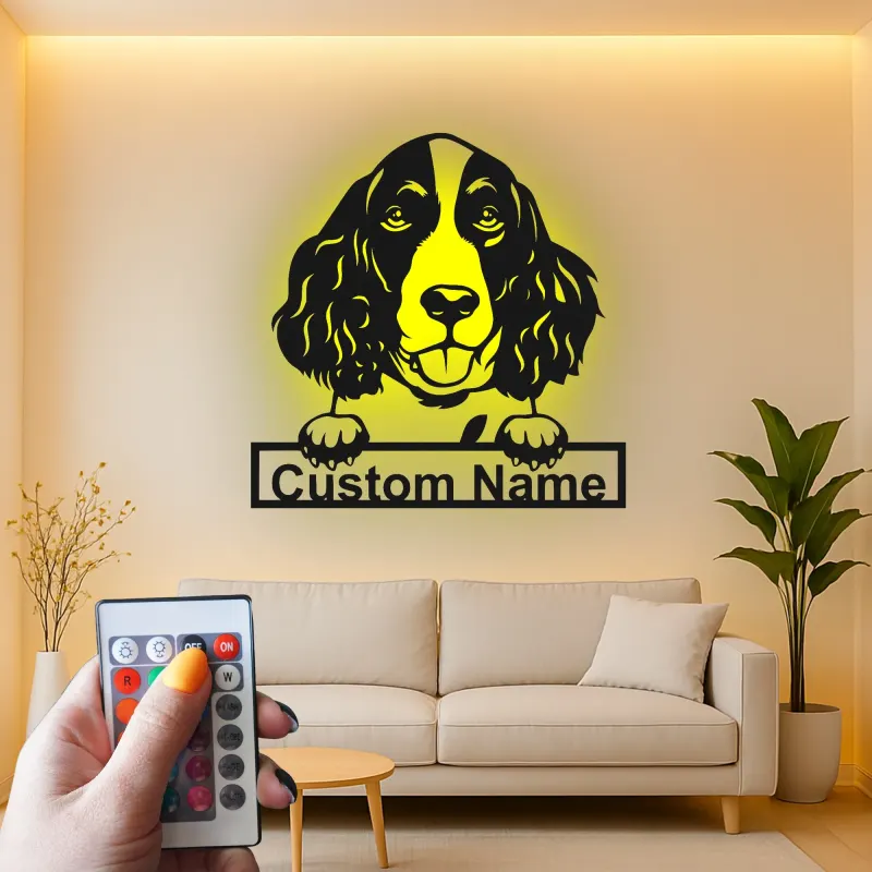 Cartel de metal LED de Springer Spaniel personalizado, regalo para amantes de perros, decoración de sala de estar