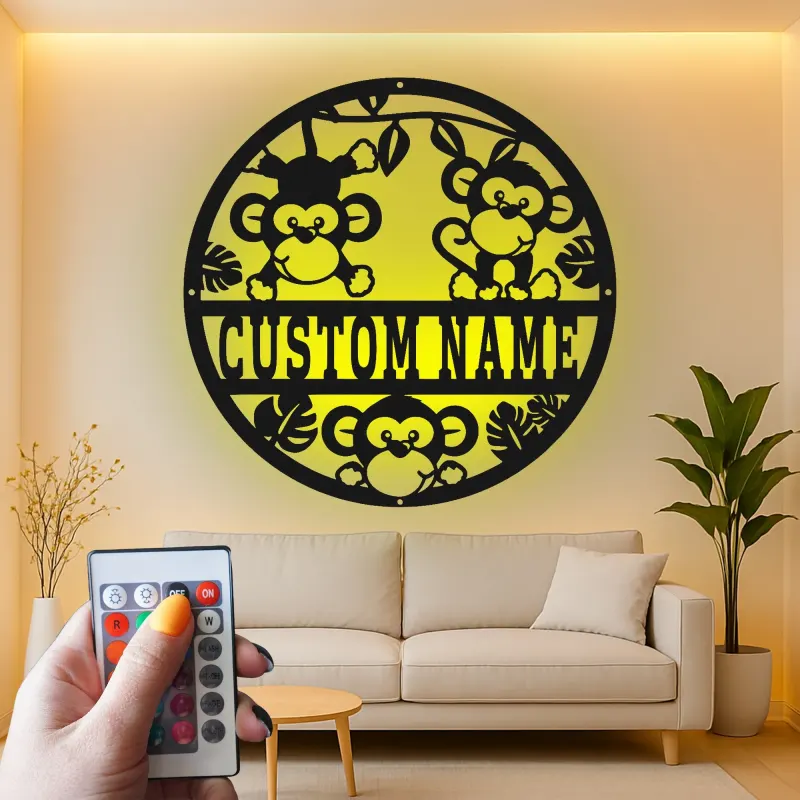 Cartel de nombre de mono personalizado | Arte mural de metal LED para guardería | Decoración de animales de la jungla para la habitación infantil | Regalo de baby shower personalizado
