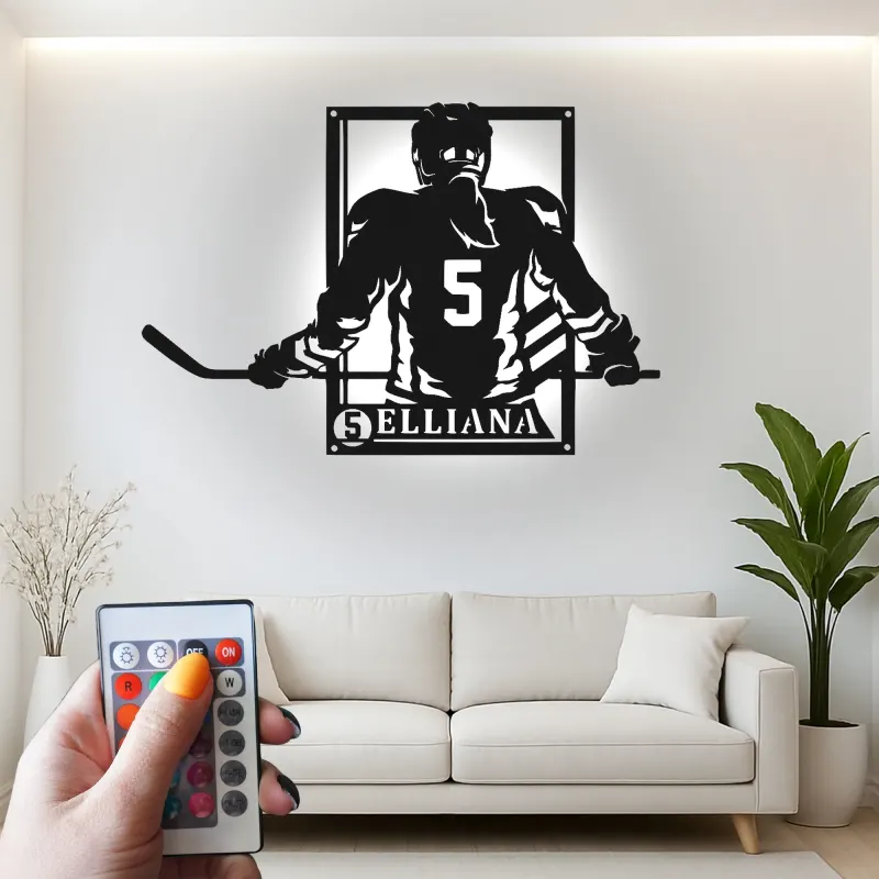 Personalisierte Hockey Spieler LED-Schild | Individuelle Metall-Wandkunst | Spielzimmer Dekor | Geschenk für Athleten