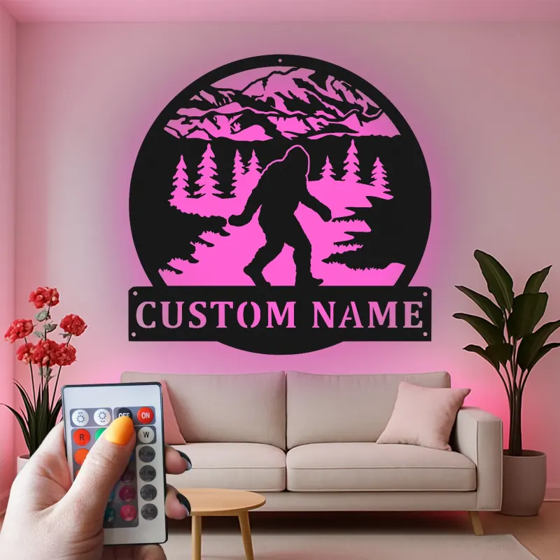 Custom Bigfoot Forest Led Light Metal Wall Art Unique Gift for Outdoor Enthusiasts Cabin or Man Cave Decor