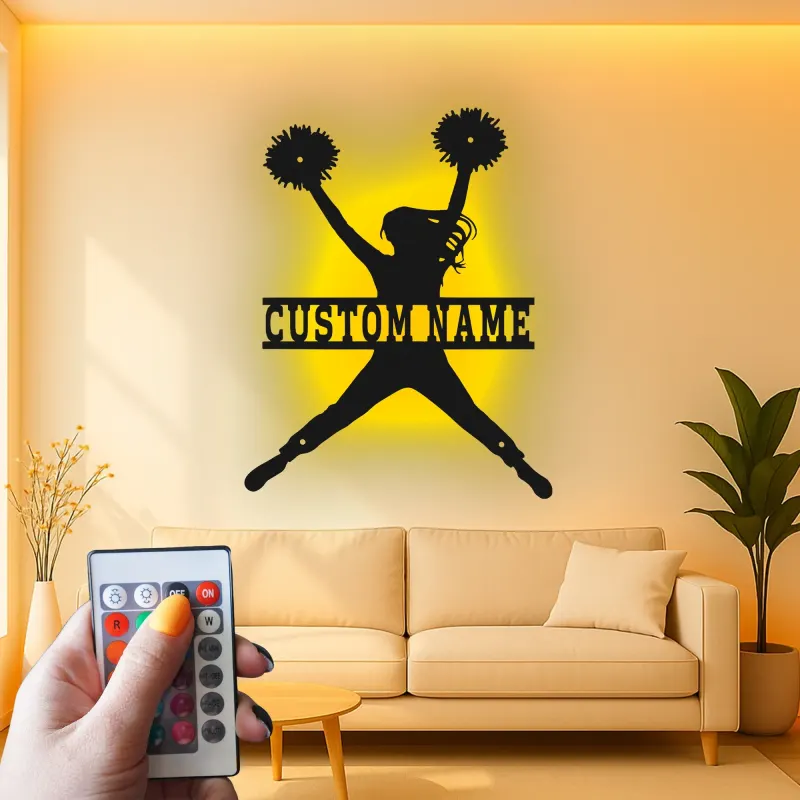 Insegna in metallo LED a silhouette di cheerleader personalizzata regalo per appassionati di cheer decorazione camera