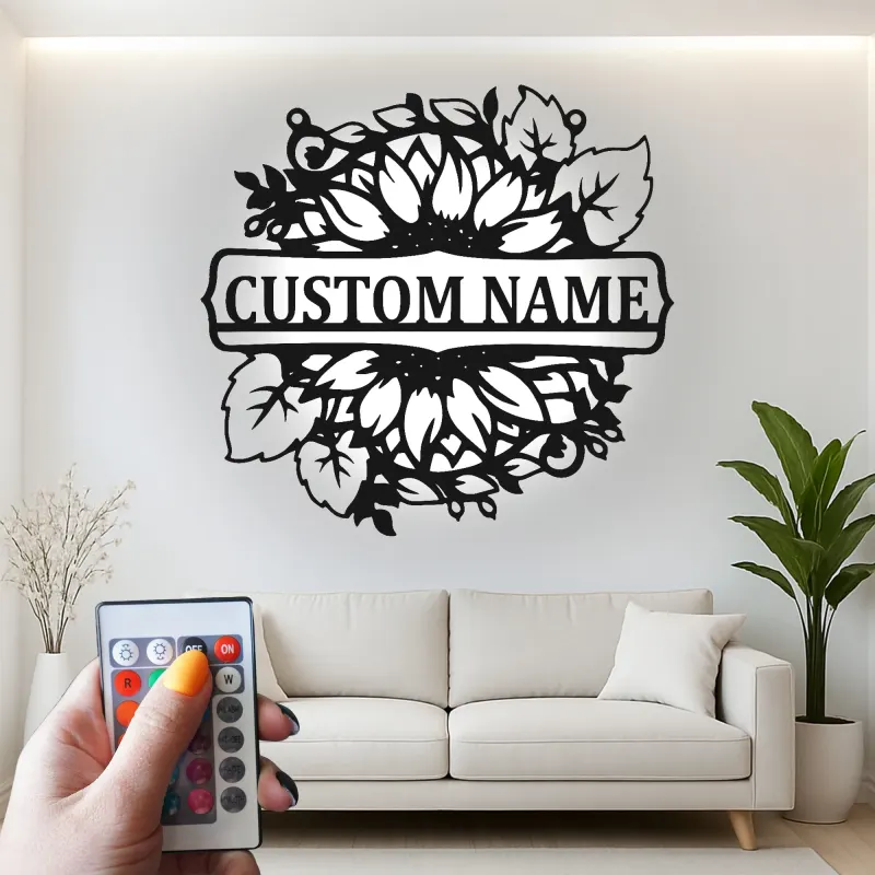 Insegna in Metallo Girasole Personalizzata | Arte da Parete Floreale LED Personalizzata | Targa con Nome per Decorazione della Casa | Regalo per Inaugurazione della Casa Boho
