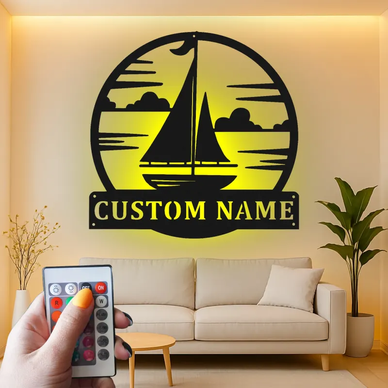 Insegna in metallo personalizzata per veliero | Arte murale LED personalizzata | Targa nautica per casa al lago e decorazioni costiere