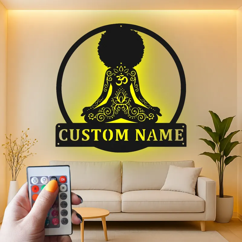 Custom Meditating Woman Led Light Metal Wall Art Yoga Lover Gift Zen Room or Meditation Space Decor