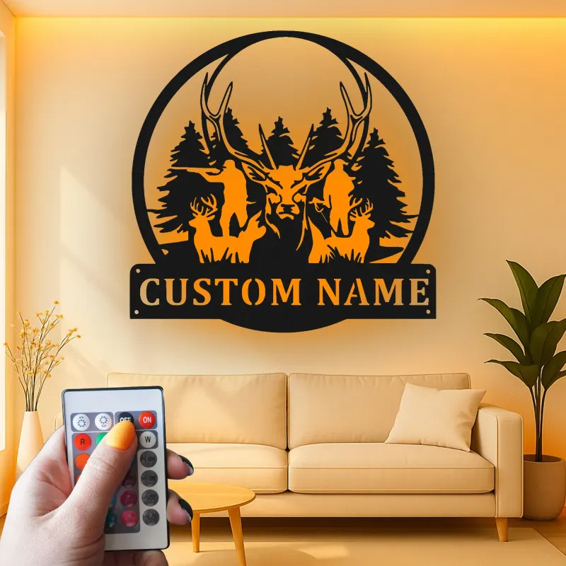 Insegna in metallo personalizzata con luce LED per famiglia di cervi - Regalo personalizzato per cacciatori, decorazione per cabin o lodge