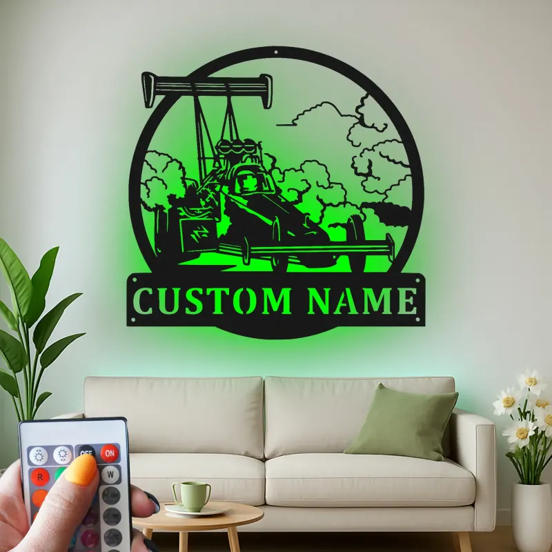 Cartel de metal personalizado con coche de carreras dragster con luz LED, regalo personalizado para entusiastas de los coches, decoración para garaje